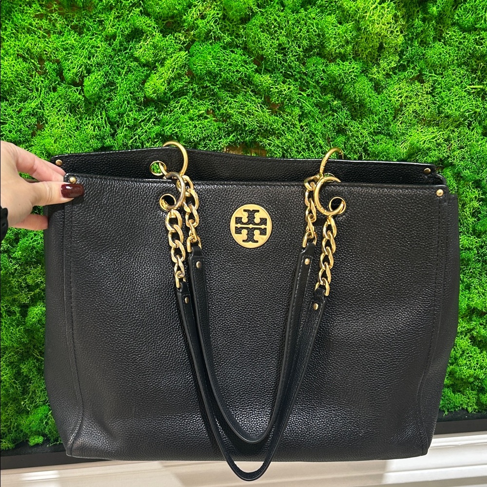 Tory Burch Black Leather Tote with Gold Chain Handles